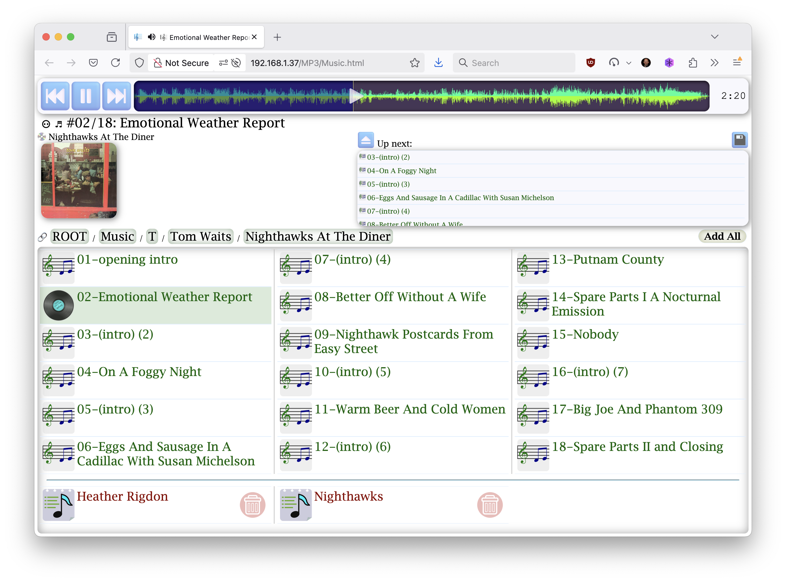 SWAP player showing Tom Waits' Nighthawks At The Diner album playing Emotional Weather Report, with waveform visualization